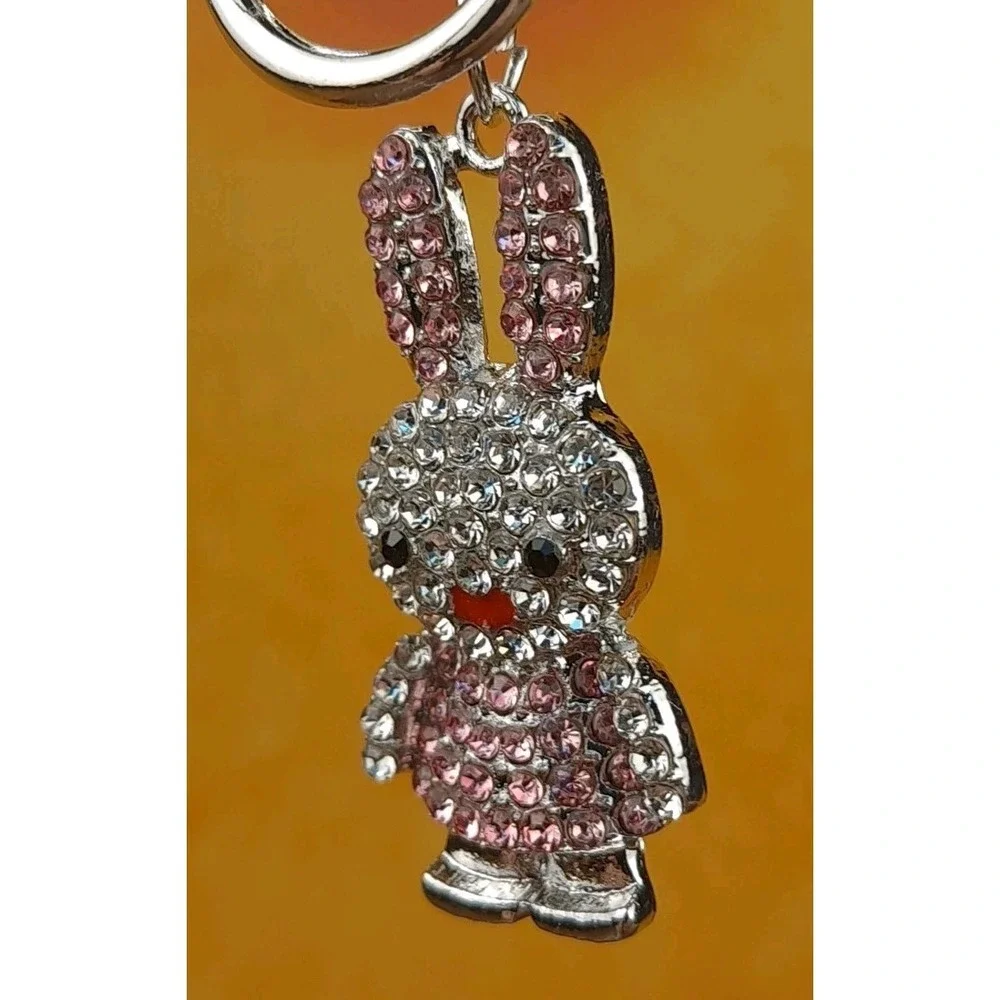 Bunny Rabbit Silver Toned Pink Rhinestones Purse Charm/Keychain By Fashion Jewel
